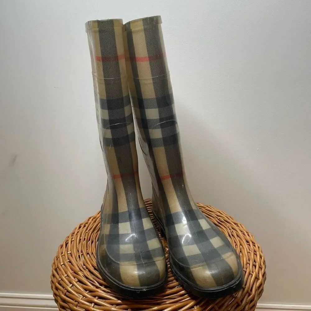 Burberry Rain Boots Waterproof Rubber Nova Check Size 39‎ Plaid Print Outdoor